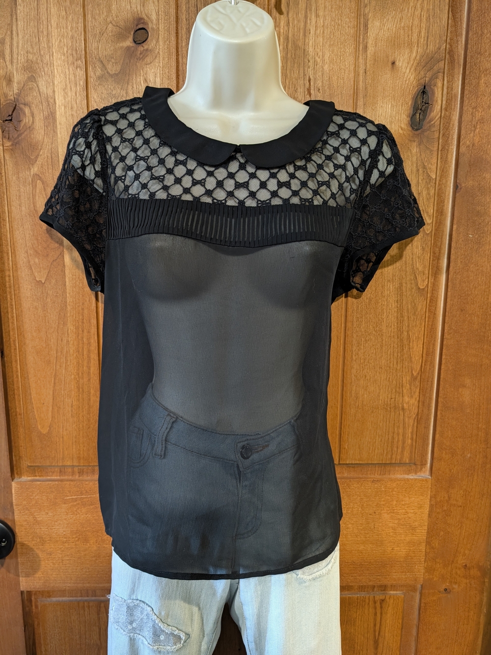 LC Lauren Conrad Black Sheer Lace Yoke Peter Pan Collar Blouse